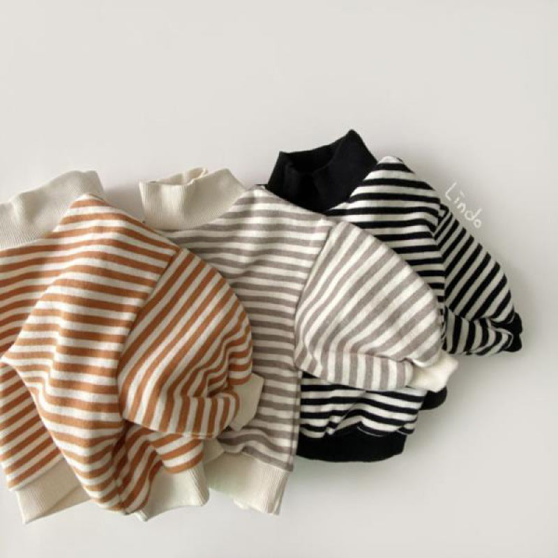 Striped Half High Neck Loose Fit High Neck Fleece Top