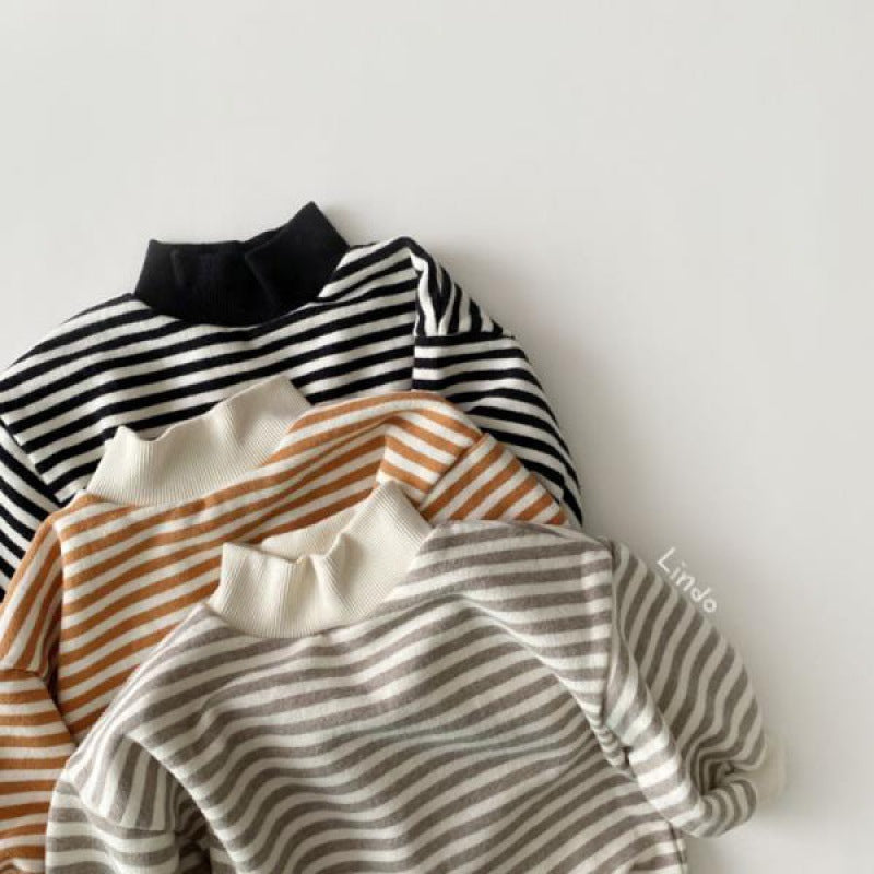 Striped Half High Neck Loose Fit High Neck Fleece Top