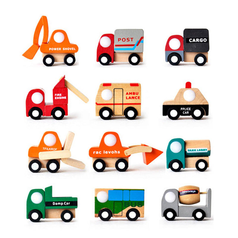 Set of 12 wooden toy vehicles including a power shovel, post van, cargo truck, fire engine, ambulance, police car, forklift, race car, tank lorry, dump truck, bus, and cement mixer in bright, child-friendly colors with playful labeling.