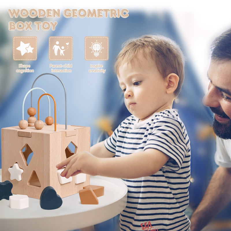 Oak Wood Geometric Shape Puzzle Box - Safe and Educational Toy for Infants