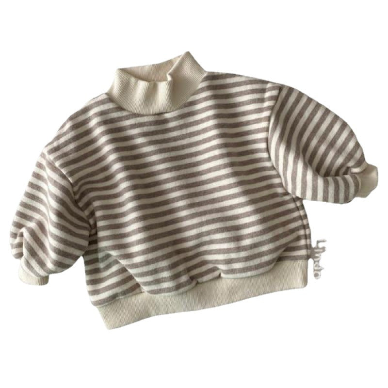 Striped Half High Neck Loose Fit High Neck Fleece Top