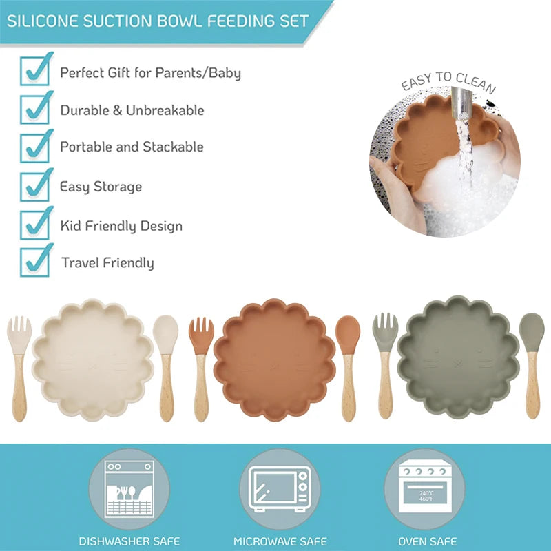 Silicone Baby Feeding Set - Non-Slip Flower Bowl, Spoon & Fork | BPA-Free