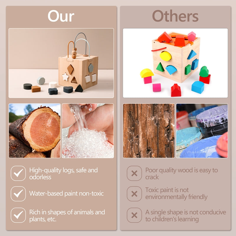 Oak Wood Geometric Shape Puzzle Box - Safe and Educational Toy for Infants