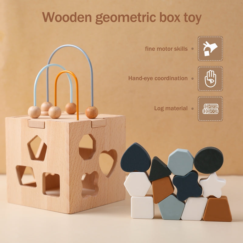 Oak Wood Geometric Shape Puzzle Box - Safe and Educational Toy for Infants
