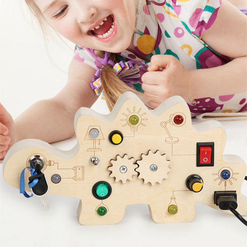 Interactive Wooden Dinosaur Circuit Board | Busy Light Educational Toy for Kids